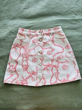 GANNI Denim White & Coral Print Mini Skirt, size EU38